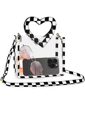 Clear and Checkerboard Crossbody Bag Heart Handle